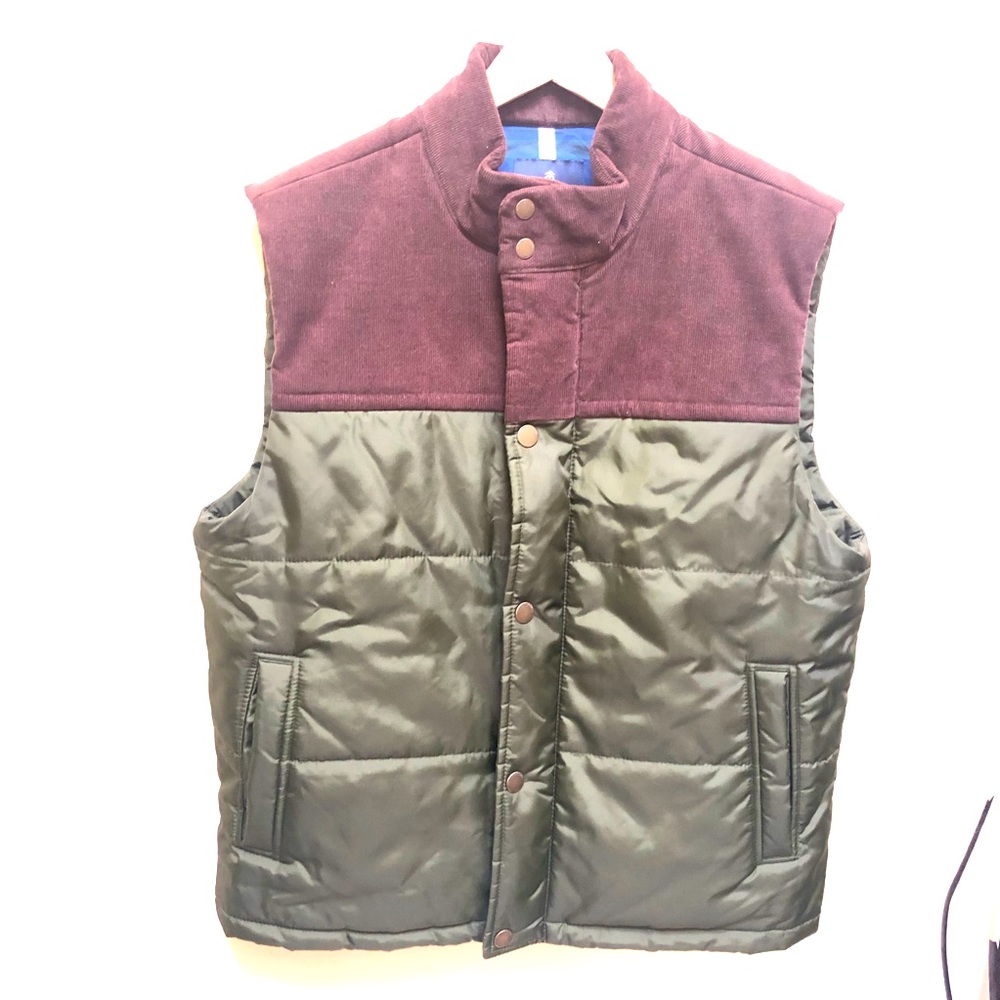 Brooks Brothers Olive Green and Burgundy Quilted Puffer Vest